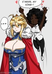 ... 1futa 1girls artoria_pendragon black_hair blonde_hair breasts dark-skinned_female dark_skin dickgirl english_text erection erection_under_clothes expressionless fate/grand_order fate_(series) female female_only futanari green_eyes gynomorph heart huge_breasts intersex long_hair looking_at_viewer penis speech_bubble umeyiyo