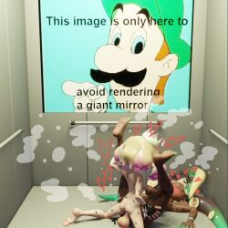 3d 3d_(artwork) animal_humanoid barefoot blender blender_(software) bodily_fluids breasts cd-i cephalopod cephalopod_humanoid digital_media_(artwork) duo elevator feet female from_front_position futanari genitals heart hotel_mario humanoid inkling intersex intersex/female legs_up luigi marina_(splatoon) marina_(wo262) marine marine_humanoid mario_(series) mating_press mollusk mollusk_humanoid nintendo octarian octoling pearl_(splatoon) penis sex soles sonlink splatoon sweat sweatdrop toes