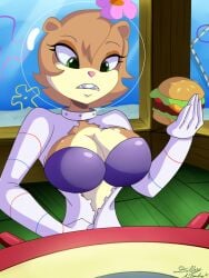 1girls anthro big_breasts bodysuit breasts breasts_out brown_far dalley_le_alpha female flower food furry furry_only helmet indoors krabby_patty krusty_krab mammal rodent sandy_cheeks solo solo_female spongebob_squarepants squirrel table tagme underwater water