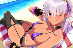 1girls bb_(fate) bb_(swimsuit_mooncancer) beach bikini breasts dark-skinned_female dark_skin fate/grand_order fate_(series) female huge_breasts kurorettsu long_hair outdoors purple_eyes purple_hair tan tan-skinned_female tanned_skin thick_thighs wide_hips