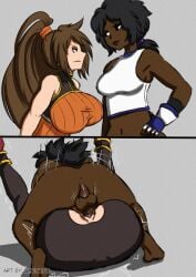 1futa 1girls breasts clothed clothed_female clothed_sex clothing dark-skinned_female dark_skin dungeon_and_fighter futa_on_female futanari huge_breasts instant_loss_2koma mating_press medium_breasts original_character penetration penis ponytail sex striker_(dungeon_and_fighter) testicles umeyiyo vaginal_penetration vaginal_sex