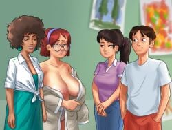 1boy 2d 3girls areolae big_breasts bottomwear breasts brown_hair cameltoe cleavage clothed clothing dark-skinned_female dark_skin darkcookie digital_drawing_(artwork) digital_media_(artwork) ear_piercing earrings female glasses green_eyes headband hispanic huge_breasts jeans judith_(summertime_saga) light-skinned_female light-skinned_male light_skin looking_at_another looking_at_partner looking_down main_character_(summertime_saga) male male/female mia_(summertime_saga) ms._ross_(summertime_saga) nipples pants piercing piercings pussy pussy_lips pussy_peek red_hair red_hair robe room shorts standing student summertime_saga teacher teacher_and_student topwear undressing vagina