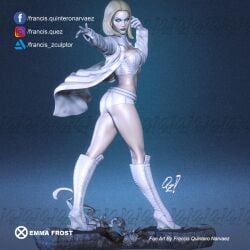 3d blonde_hair blue_eyes booty_shorts breasts cleavage emma_frost francis_quintero marvel marvel_comics new_x-men platinum_blonde_hair statue trenchcoat white_queen x-men