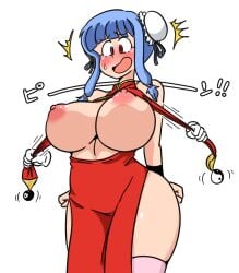 assisted_exposure big_breasts blue_hair blush boobs breasts embarrassed exposed_breasts exposed_thigh exposed_thighs hair_buns juliana_(pokemon) large_breasts nipples pokemon precarious_clothing red_dress red_eyes sugar_(pixiv8897706) thigh tits