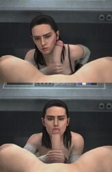 1boy 1girls 3d blowjob eye_contact half_updo handjob kissing_penis nedac1 oral petite pov rey source_filmmaker star_wars straight