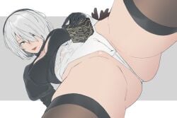 1girls ettone female female_focus female_only nier nier:_automata nier_(series) pale-skinned_female pale_skin pussy_visible_through_clothes short_hair solo solo_focus spread_legs spreading white_hair yorha_2b