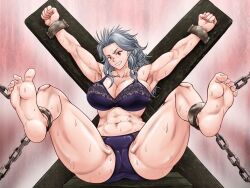 1girls artist_request bdsm_gear cameltoe dorohedoro feet femsub muscular muscular_female muscular_sub noi_(dorohedoro) purple_bra purple_panties purple_underwear smug_face tied_up underwear