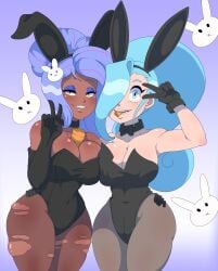 2d 2d_(artwork) 2d_artwork 2girls amber_eyes ass belly_button belly_button_visible_through_clothing big_breasts big_hair black_clothing black_gloves black_outfit blue_background blue_eyebrows blue_eyes blue_eyeshadow blue_hair breasts bunny bunny_boy bunny_ears bunny_girl bunnygirl bunnysuit carrot character_request choker cleavage cleavage_overflow clothed clothing collarbone color colored dalley_le_alpha dark-skinned_female dark_skin eyes_half_open eyes_wide_open female female_focus female_only flushed_face food_in_mouth fully_clothed fupa gloves grabbing_hips gradient_background hair_ornament hair_over_one_eye hand_on_hip hip_dips large_ass large_breasts large_thighs lavender_hair leotard light_blue_eyebrows light_blue_hair long_glove long_gloves lots_of_hair mons_pubis mound_of_venus neck_ribbon no_nude object_between_breasts oc one_eye_covered one_eye_obstructed original original_character original_characters overflowing_breasts pale-skinned_female pale_skin pantyhose pantyhose_bulge peace_sign purple_eyebrows purple_hair ripped_clothing ripped_pantyhose seductive_look seductive_pose seductive_smile shiny shiny_breasts shiny_butt shiny_skin shiny_thighs skindentation sleeveless_leotard small_waist symmetrical_docking thick thick_ass thick_butt thick_hips thick_legs thick_thighs thigh_bulge thighs thin_eyebrows thin_waist tiny_waist toned_arms wide_hips