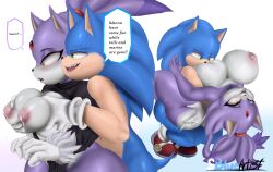 1boy 1girls anthro ass ass_grab blaze_the_cat blush breast_sucking breasts cat_ears cat_tail catgirl digital_media_(artwork) english_text female furry grabbing_breasts grabbing_from_behind hi_res male male/female milk milk_squirt mobian_(species) naked nipples nude shoes snowyblue sonic_(series) sonic_the_hedgehog squeezing_breast squished_breasts sucking_nipples text text_bubble thick_thighs watermark