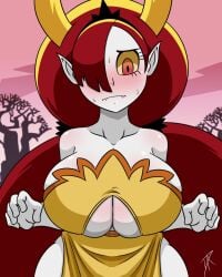 big_breasts blush breasts cleavage dalley_le_alpha disney disney_channel female female_only furry hekapoo long_hair red_eyes red_hair star_vs_the_forces_of_evil white_fur yellow_eyes