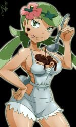 1girls black_background breasts chocolate cleavage dalley_le_alpha female female_only flower flower_in_hair food food_play green_eyes green_hair looking_at_viewer mallow_(pokemon) nintendo pokemon pokemon_trainer solo tied_hair tongue tongue_out