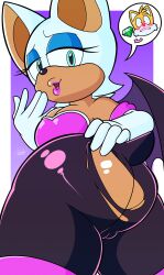 anthro ass bat big_butt boyhowdy camel_toe canid canine chaos_emerald clothing duo exposed_ass female fox gem hi_res lipstick looking_at_viewer looking_back makeup male mammal rouge_the_bat sega solo_focus sonic_(series) sonic_the_hedgehog_(series) speech_bubble tails teasing tight_clothing torn_clothing