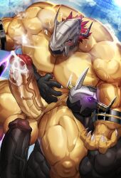 1boy 2023 abs anthro armor balls bandai_namco bara barazoku biceps big_balls big_muscles big_pecs big_penis blackwargreymon blush claws completely_nude cum cum_drip cum_dripping_from_penis digimon digimon_(species) dragon erection gay genital_fluids hard_on helmet hi_res highres huge_biceps huge_cock huge_muscles huge_pecs magangz male male_focus male_only manly muscles muscular muscular_anthro muscular_arms muscular_legs muscular_male muscular_thighs nipples nude orange_body orange_skin penis solo solo_male spread_legs sweat vein veiny_penis wargreymon