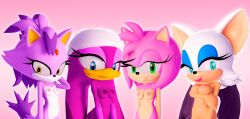 3d 3d_model 4girls amy_rose anthro avian avian_humanoid bat bat_wings big_breasts blaze_the_cat blue_eyes breast_size_difference breasts breasts_size_difference cat_ears cat_humanoid cat_tail catgirl female flat_chest furry green_eyes hedgehog hedgehog_humanoid light_blue_eyes medium_breasts mobian mobian_(species) mobian_bat multiple_girls nipples pink_background pink_body pink_fur pink_hair pink_nipples purple_body purple_feathers purple_fur purple_nipples rarequinez rouge_the_bat sega small_breasts sonic_(series) sonic_adventure_2 sonic_riders sonic_the_hedgehog_(series) wave_the_swallow yellow_eyes