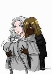 2girls blue_eyes breast_grab breasts clothed clothed_female clothing dark-skinned_female dark_skin expressionless female final_fantasy final_fantasy_xiv freckles grabbing grabbing_breasts grabbing_from_behind green_eyes grey_hair hair_over_one_eye huge_breasts long_hair multiple_girls original_character smile umeyiyo venat_(ffxiv) yuri