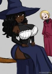 1futa 1girls black_hair blonde_hair bored breasts broom clothed clothed_female clothing dark-skinned_female dark_skin erection erection_under_clothes female freckles futanari hat huge_breasts open_mouth original original_characters smile umeyiyo witch witch_hat