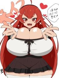 1girls ahoge alternate_breast_size breast_expansion breast_squeeze breasts breasts_bigger_than_head bursting_breasts busty cleavage eris_greyrat female gigantic_breasts huge_breasts inviting japanese_text kazuya_zoey looking_at_viewer mushoku_tensei open_mouth red_eyes red_hair solo thick_thighs tight_clothing voluptuous wide_hips