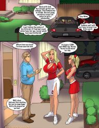 1boy 2_hot_blondes_bet_on_big_black_cock_(comic) 2_panel_comic 2girls athletic athletic_female big_breasts bimbo blonde_hair breasts busty cheerleader cheerleader_uniform comic coxville_stories dark-skinned_male dark_skin daughter dialogue fat_man father father_and_daughter female glasses harold_summers hourglass_figure jenny_summers kitty_summers light-skinned_female light_skin mother mother_and_daughter muscular muscular_male speech_bubble text theofficialpit wide_hips