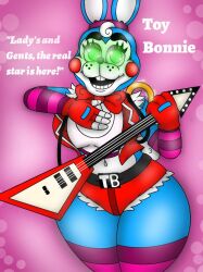 1girls animatronic belly_button big_breasts bowtie breasts english_text female five_nights_at_freddy's green_eyes guitar open_mouth rabbit rabbit_ears rockstar_puppet_(artist) solo toy_bonnie_(fnaf)