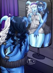 2girls big_breasts blizzard_entertainment blue_hair blue_skin draenei fingering missbehaviour original_character virgin_killer_sweater warcraft white_hair world_of_warcraft yuri