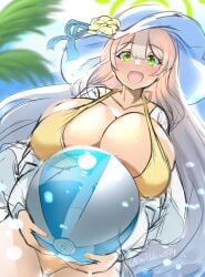 abydos_high_school_student artist_request beach_ball bikini blue_archive foreclosure_task_force_(blue_archive) green_eyes halo happy hat huge_breasts nipple_bulge nonomi_(blue_archive) nonomi_(swimsuit)_(blue_archive) official_alternate_costume palm_tree signature splash tagme_(artist)