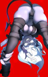 1girls ass ass bent_over big_ass big_breasts big_butt demon_girl demon_horns demon_tail fat_ass female female_focus female_only grey_body grey_skin helltaker judgement_(helltaker) large_breasts looking_at_viewer panties solo solo_female solo_focus thick_thighs thighhighs thighs tobitobi90 white_eyes white_hair