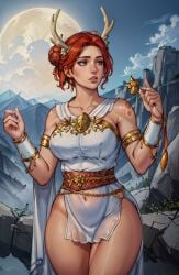 ai_generated antlers artemis artemis_(greek_mythology) ass athletic_female auburn_hair big_ass female female_only female_virgin full_moon goddess greek_mythology lake medium_breasts mountain mythology nature outdoors short_hair sole_female stable_diffusion virgin