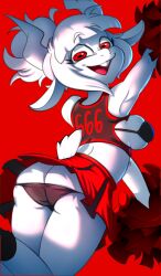 1girls ass big_breasts cheerleader cheerleader_uniform female female_focus female_only goat_ears goat_horns goat_lucifer_(helltaker) helltaker looking_at_viewer lucifer_(helltaker) panties pom_poms red_eyes solo solo_female solo_focus tail thighs tobitobi90 white_body white_fur white_hair