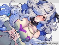 1girls absurdres blue_hair blush boris_(noborhys) breasts cleavage closed_mouth collar dress eitr_(fire_emblem) female female_only fire_emblem fire_emblem_heroes frown grey_hair hair_over_one_eye highres horns large_breasts long_hair multicolored_hair nintendo own_hands_together red_eyes solo very_long_hair wavy_hair