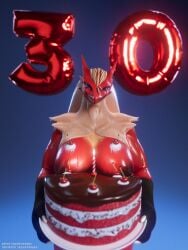 2023 3d_(artwork) angrydraconequus anthro areola big_areola big_breasts birthday birthday_cake blaze_(agitype01) blaziken blender_(software) blue_eyes bodily_fluids breasts cake candle candy cherry chocolate chocolate_on_breasts dairy_products dessert digital_media_(artwork) female food food_on_breasts fruit generation_3_pokemon hair hi_res looking_at_viewer nintendo nipples nude number plant plate pokemon pokemon_(species) red_body solo sweat sweaty_arms sweaty_breasts sweaty_face whipped_cream