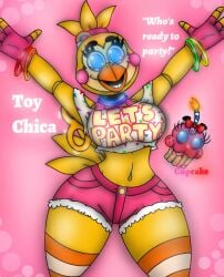 1girls 720p animatronic beak belly_button bib big_breasts breasts chicken cupcake cupcake_(fnaf) english_text female five_nights_at_freddy's five_nights_at_freddy's:_security_breach five_nights_at_freddy's_2 jpeg rockstar_puppet_(artist) scottgames shorts toy_chica_(fnaf)