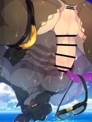 1boy abs anthro anus ass balls blush censor_bar censored clothing cloud erection eyewear genitals goggles hastur_(tokyo_afterschool_summoners) hi_res horn humanoid_genitalia humanoid_penis lifewonders looking_at_viewer looking_through looking_through_legs male male_only mame02550912 muscular muscular_anthro muscular_male nipples pecs penis presenting presenting_hindquarters scalie sea sky solo speedo speedo_around_one_leg swimwear tentacle tokyo_afterschool_summoners water wet wet_body