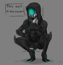 2d alien alien_girl alien_humanoid breasts female female_focus female_only grey_background hand_on_own_thigh helmet large_breasts laying_down mass_effect monty_nsfw quarian squatting suit text text_bubble thick_thighs tight_clothing