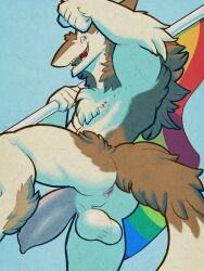 anthro anus ass balls blue_eyes eyeball6300_(chiv) genitals hi_res lgbt_pride looking_at_viewer male male_only nude one_leg_up penis pride_color_flag pride_colors raised_leg sergal smile solo