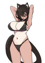 arms_behind_head arms_up bikini black_hair fangs hair_over_one_eye huge_breasts tan_skin tanuki_ears yellow_eyes