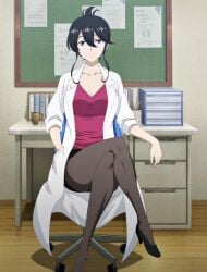 accurate_art_style black_hair blue_eyes breasts classroom_for_heroes clothing looking_at_viewer screencap thighs