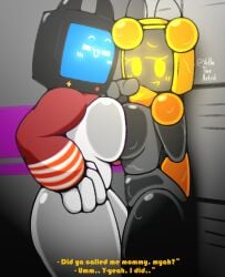 after_shower bigger_female embarrassed embarrassed_nude_female ena_(yellolight) english_text fanart roblox robot robot_girl screen_face text tonzuu_(tonzuuboba) tv_head yellolight