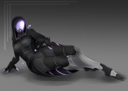 2d alien alien_girl alien_humanoid breasts female female_focus female_only grey_background hand_on_own_thigh heart helmet large_breasts laying_down laying_on_side looking_at_viewer mass_effect monty_nsfw quarian seductive seductive_pose suit thick_thighs tight_clothing