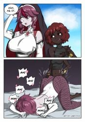 1futa 1girls ass_grab breasts clothed clothed_female clothing dark-skinned_futanari dark_skin doggy_style english_text face_down_ass_up female futa_on_female futanari genshin_impact grabbing grabbing_ass grabbing_from_behind huge_breasts instant_loss_2koma original_character penis red_eyes rosaria_(genshin_impact) sex sex_from_behind speech_bubble testicles top-down_bottom-up umeyiyo vaginal_penetration