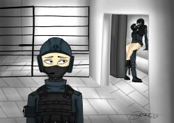 1boy 1girls 1other ambiguous_gender background background_sex carrying clothed_sex clothing darkshade disappointed face_mask facility female female_penetrated floor fully_clothed helmet holding holding_legs human human_only male male/female male_penetrating mobile_task_force motion_lines pinned_to_wall scp_foundation scp_guard scp_secret_laboratory sex sitting solo_focus straight tactical_gear tagme unamused unprofessional_behavior watching