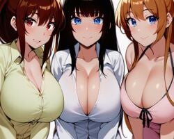 ai_generated black_hair blue_eyes brown_eyes brown_hair cleavage close-up dekakute_ecchi_na_ore_no_ane hentai high_resolution highres huge_breasts long_hair looking_at_viewer nai_diffusion pov segawa_asaka segawa_tsukino segawa_yuki shiny_clothes shiny_hair shiny_skin skyrimgamer17 smiling stable_diffusion unbuttoned_shirt upper_body