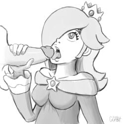 1boy 1girls balls bare_shoulders breasts crown dress fellatio female female_focus gigabit greyscale hair_over_one_eye imminent_fellatio imminent_oral imminent_sex long_hair long_sleeves male mario_(series) medium_breasts monochrome nintendo open_mouth oral penis penis_grab princess_rosalina sex shoulders solo_focus