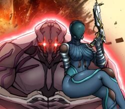 1boy 1girls ass breasts glowing_eyes hips holding_weapon large_ass large_breasts larger_male mag_(warframe) mrwarframeguy muscular_male nidus_(warframe) red_eyes spacewaifu thick_thighs thighs warframe wide_hips