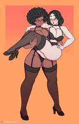 1girls 2girls afro black_lingerie black_skin blush bra breast_press breast_squeeze breasts carrying carrying_partner dark-skinned_female doctor_slone female fortnite fortnite:_battle_royale heels high_heels highres kerosin lingerie lipstick looking_at_partner looking_back makeup marigold_(fortnite) multiple_girls pale-skinned_female pale_skin patreon_username smiling stockings tagme thick thick_ass thick_legs thick_thighs yuri