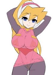 1girls alternate_breast_size armpits arms_up blonde_hair ciel_(mega_man) large_breasts mega_man mega_man_x_dive mega_man_zero nipple_bulge panties semikichi solo tagme thong