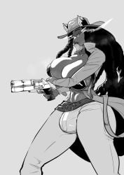 1futa animal_ears big_breasts big_bulge bikini bikini_top black_hair breasts bulge cowboy_hat dark-skinned_futanari dark_skin dickgirl full-package_futanari futanari greyscale gun gynomorph hellhound huge_breasts intersex large_breasts large_bulge long_hair milf monochrome revolver sakiyume11 sierra_the_hellhound solo solo_focus solo_futa thick thick_thighs thighs wolf_ears wolf_tail