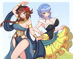 2girls agnea_bristarni agnea_bristarni_(cosplay) alternate_costume blue_hair breasts costume_switch crossover dancer female female_only fire_emblem fire_emblem:_three_houses fire_emblem_heroes large_breasts marianne_von_edmund marianne_von_edmund_(cosplay) multiple_girls nintendo octopath_traveler_2 raydango