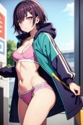 ai_generated ass mikazuki_shizuka short_hair small_breasts tomboy violet_eyes violet_hair zom_100_zombie_ni_naru_made_ni_shitai_100_no_koto