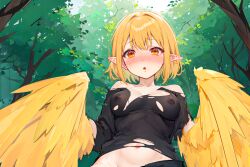 :o ai_assisted ai_generated ambiguous_gender animal_humanoid avian_humanoid black_shirt blonde_hair blush breasts clothing day expansion feathered_wings feathers female feminization forest gender_symbol harpy implied_transformation lattekoi5252 light_skin medium_breasts navel nipples nipples_visible_through_clothing open_mouth orange_eyes original outdoors perky_breasts pointy_ears short_hair solo textless_version torn_bodysuit torn_clothes tree upper_body winged_arms wings
