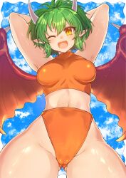 1girls armpits arms_behind_head big_breasts bikini cameltoe draco_centauros eta_(artist) fangs female_only green_hair navel one_eye_closed puyo_puyo short_hair solo thick_thighs wings yellow_eyes